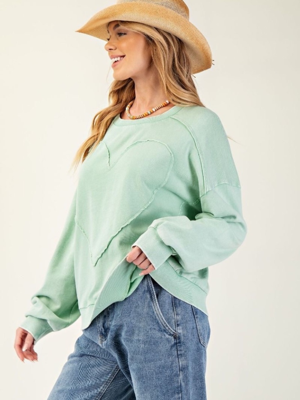 NEW EASEL WASHED TERRY KNIT PULLOVER HEART SWEATSHIRT TOP GREEN PLUS SIZE MINT - Picture 2 of 5